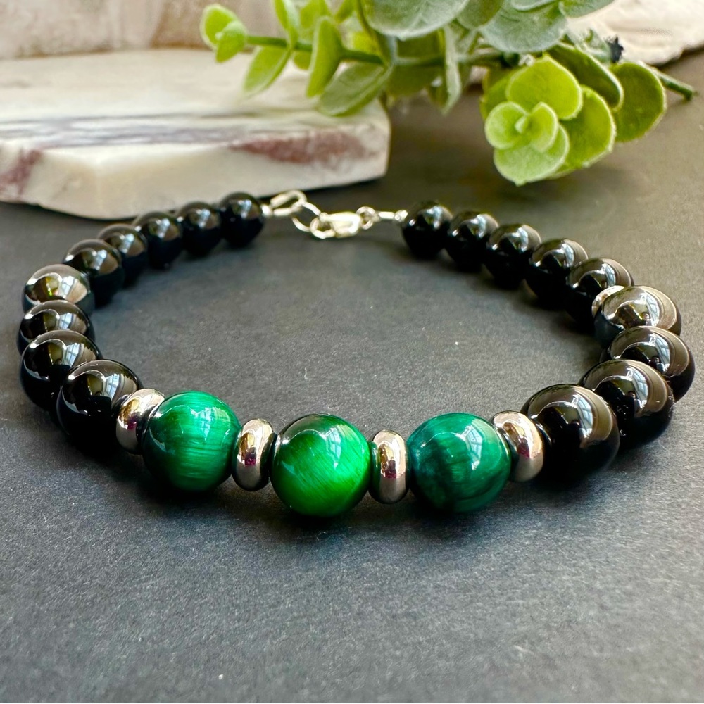 Mens Green Tigers Eye Bracelet Black Tourmaline Hematite Healing crystal